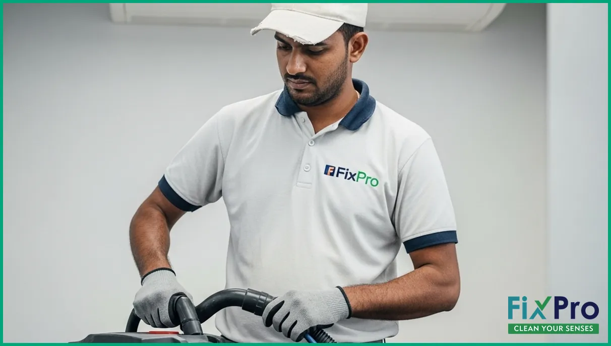 FixPro worker using vacuum on AC duct in office