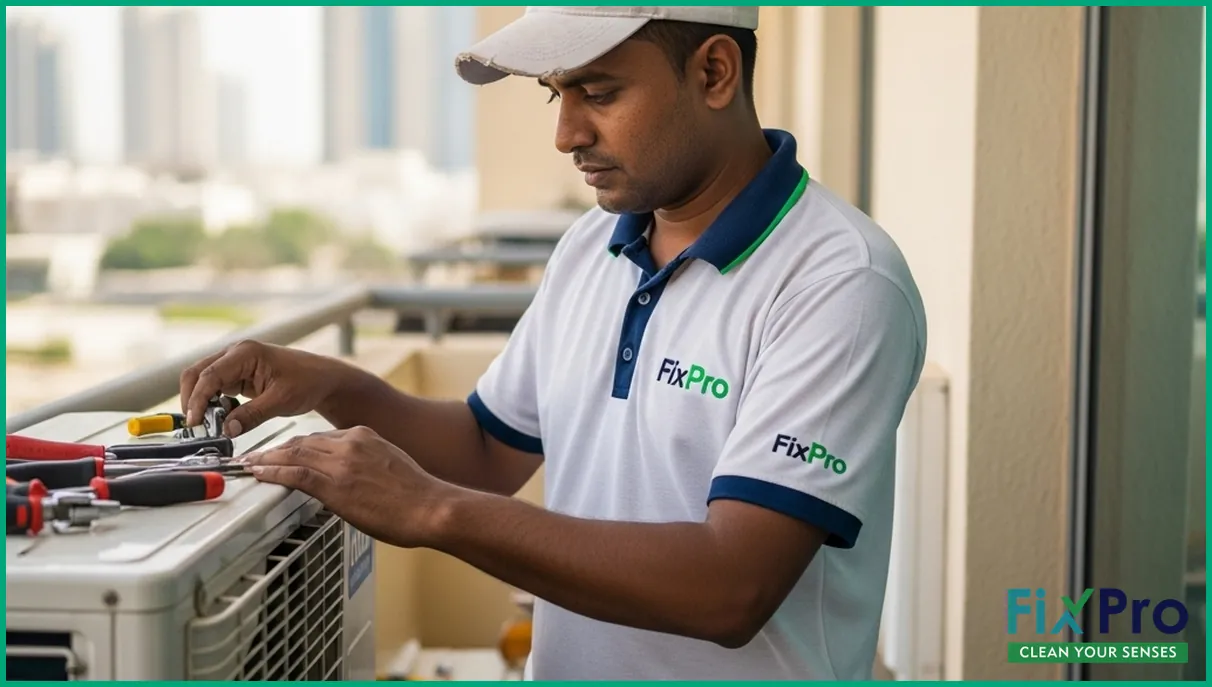 FixPro technician servicing AC unit on UAE apartment balcony