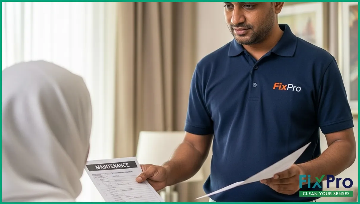 FixPro technician explaining AC maintenance checklist to customer