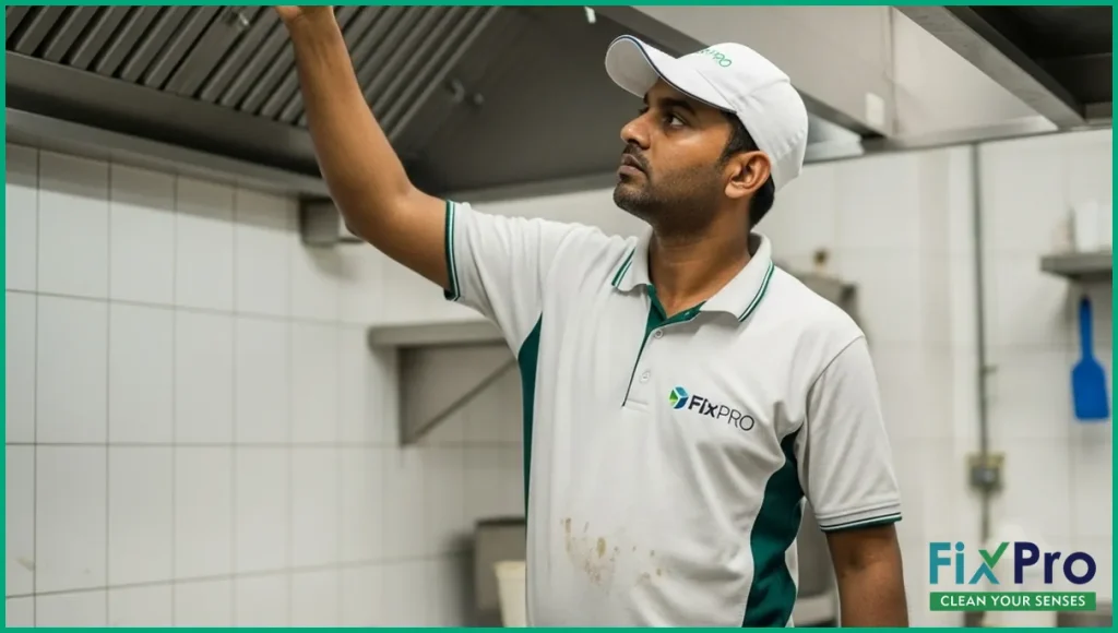 Worker cleaning kitchen exhaust hood in Abu Dhabi restaurant