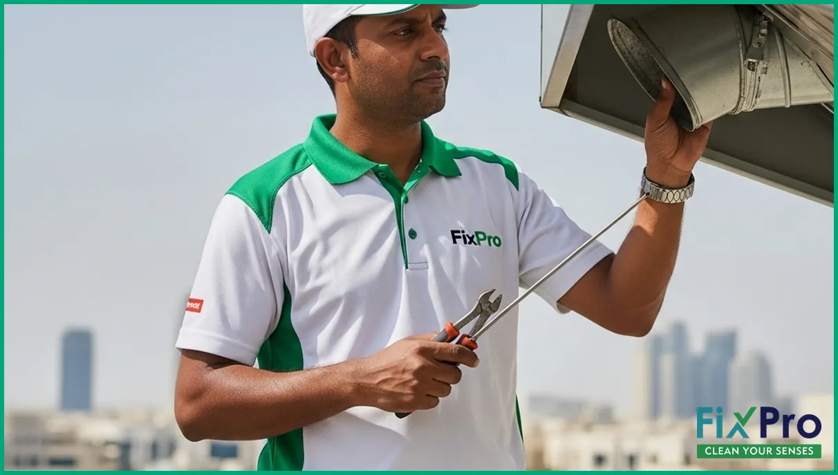 FixPro worker inspecting rooftop kitchen exhaust duct