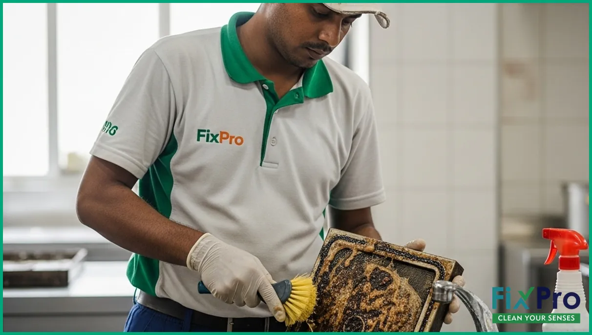 FixPro worker cleaning kitchen exhaust filter over sink
