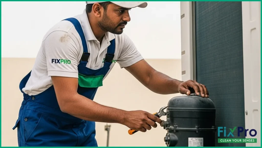 AC technician in FixPro uniform checking outdoor compressor unit