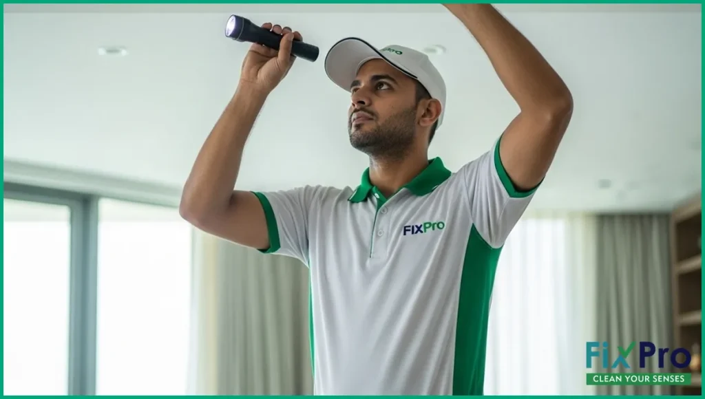 Worker in FixPro uniform checking air duct in UAE home