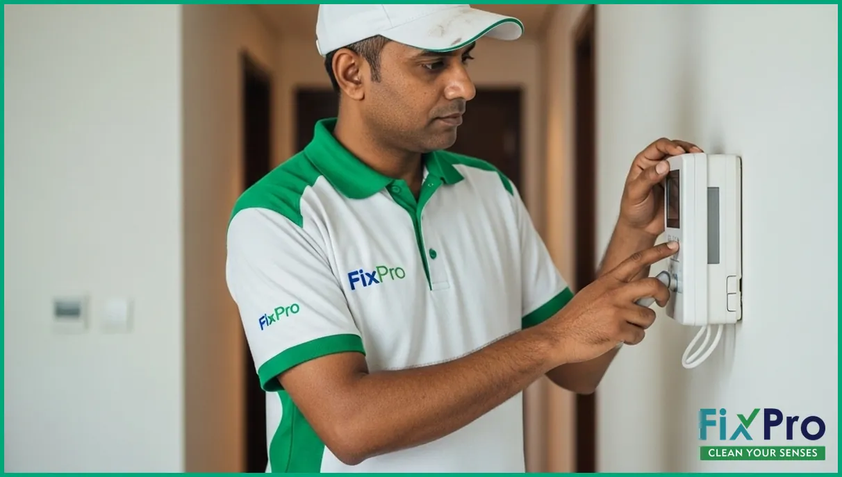 Technician in FixPro uniform checking AC unit controls indoors