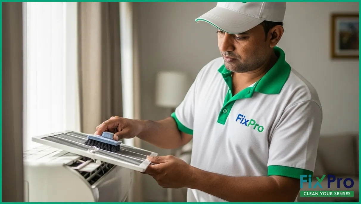 FixPro worker cleaning AC filter in Abu Dhabi villa