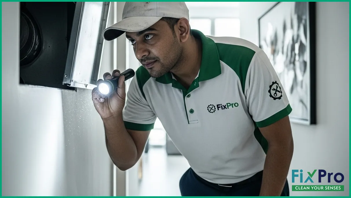FixPro technician inspecting AC duct with flashlight in Abu Dhabi apartment
