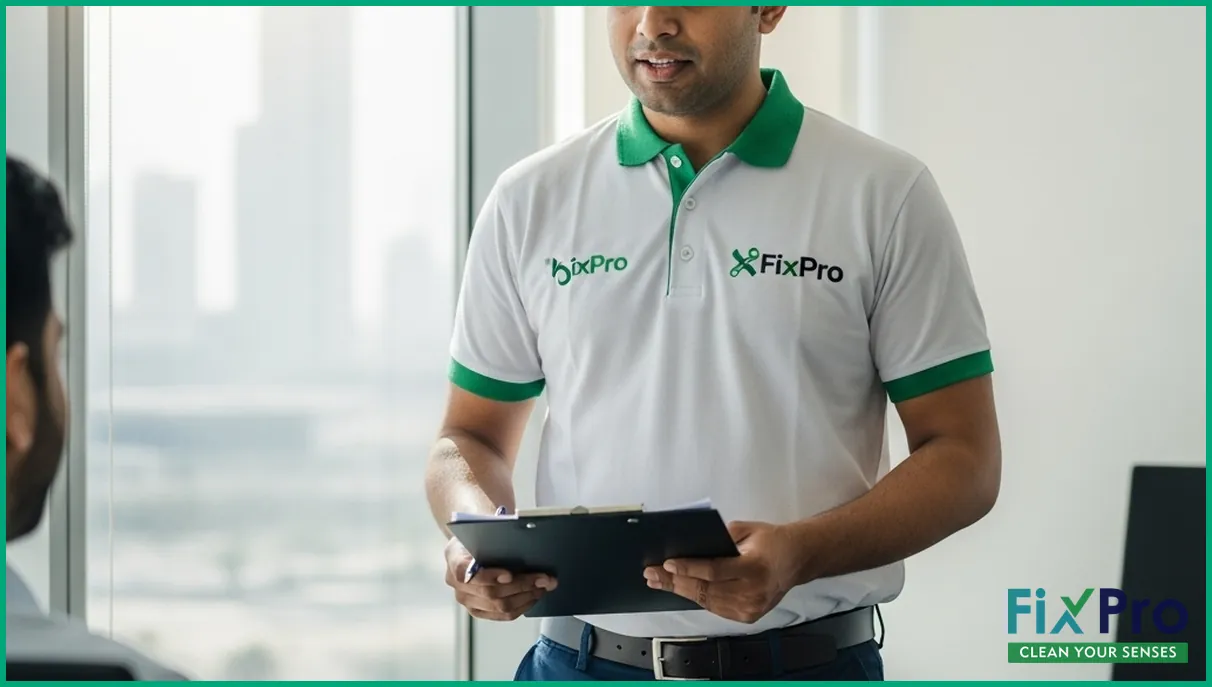 FixPro team discussing maintenance plan with customer in Abu Dhabi office