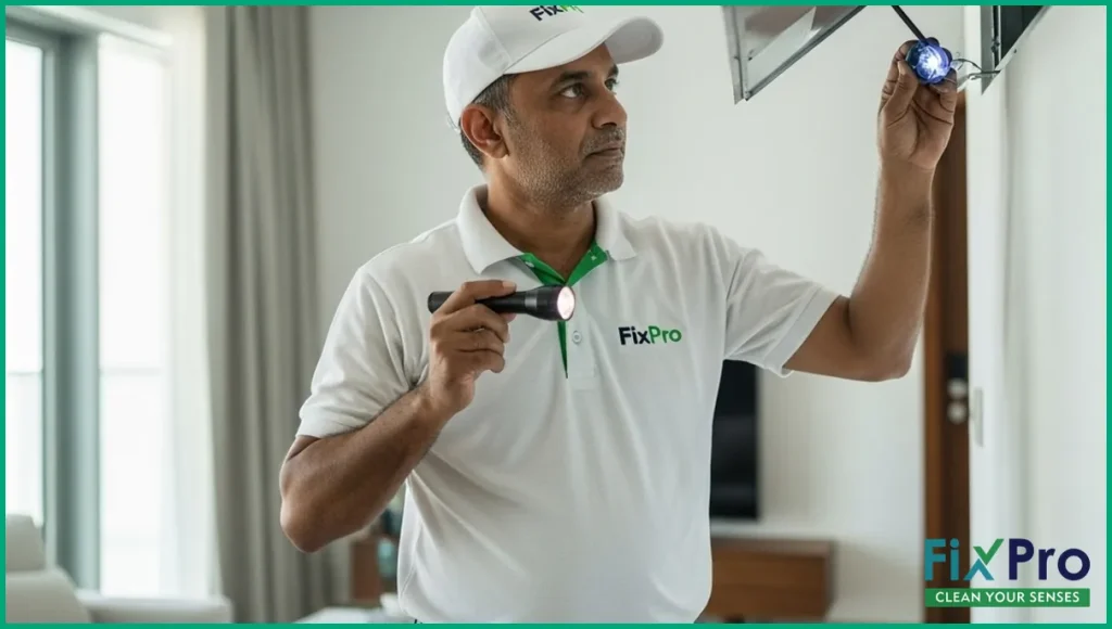 Technician in FixPro uniform inspecting AC duct in Abu Dhabi apartment