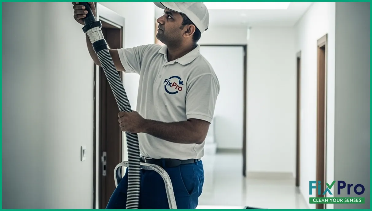 FixPro worker vacuuming air duct in UAE villa with professional equipment