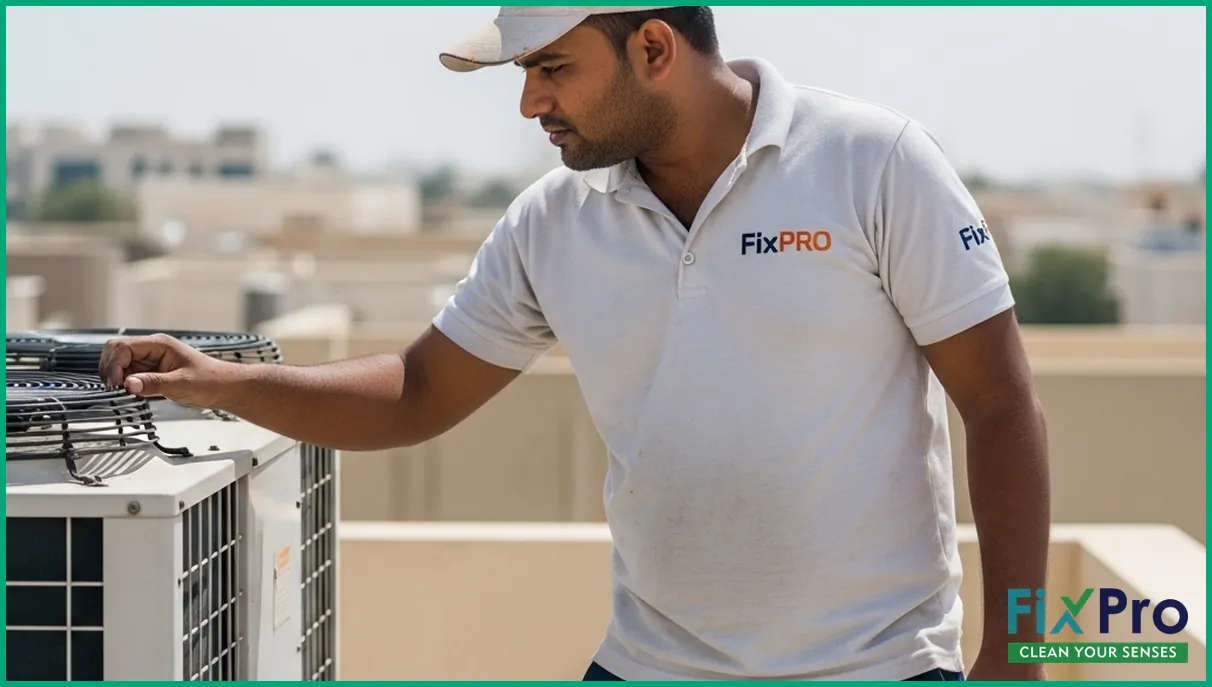 FixPro technician checking HVAC unit on rooftop in Abu Dhabi
