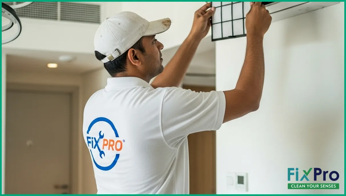 FixPro worker replacing air filter in Abu Dhabi apartment