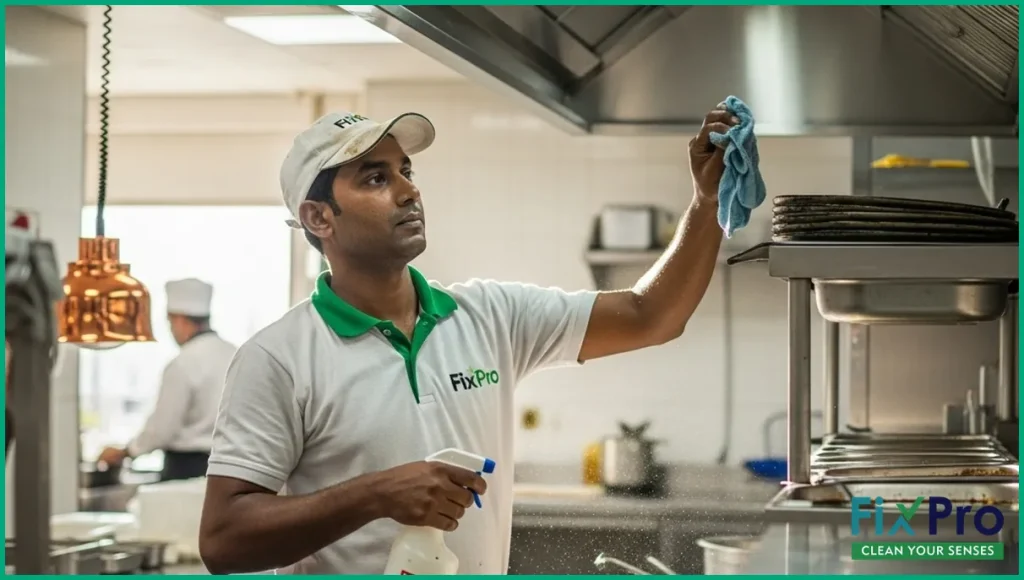 Worker in FixPro uniform cleaning a kitchen hood