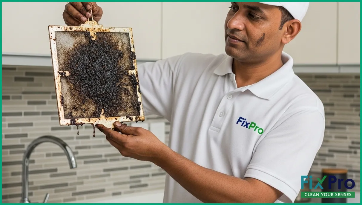 FixPro worker holding greasy kitchen exhaust filter