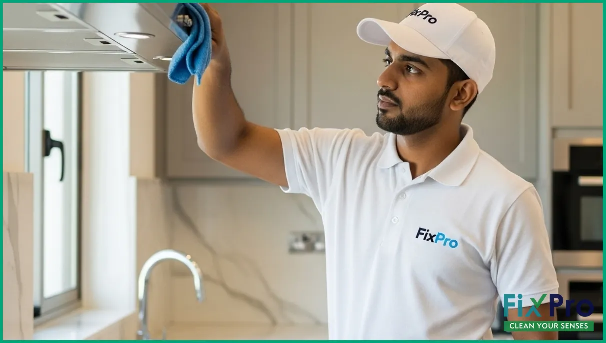 FixPro worker wiping down kitchen hood exterior
