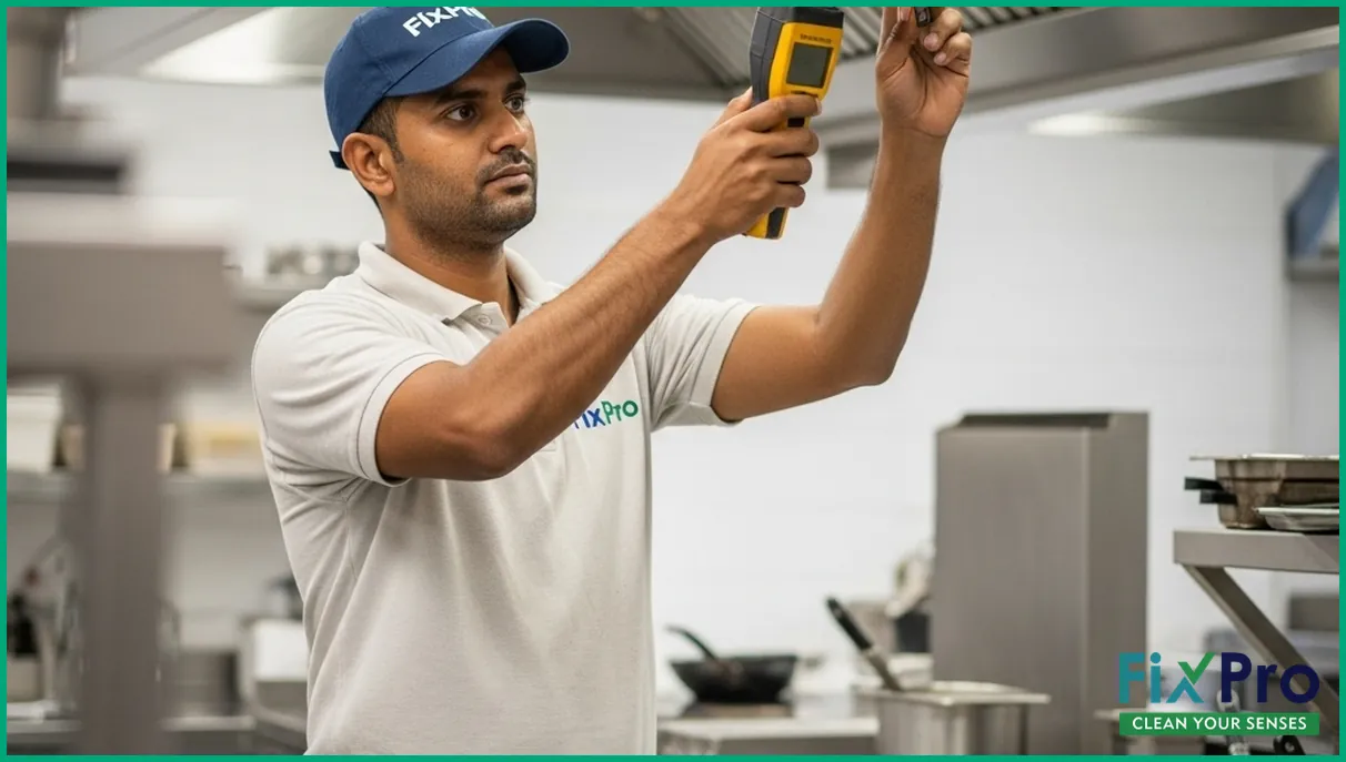 FixPro worker testing kitchen exhaust airflow