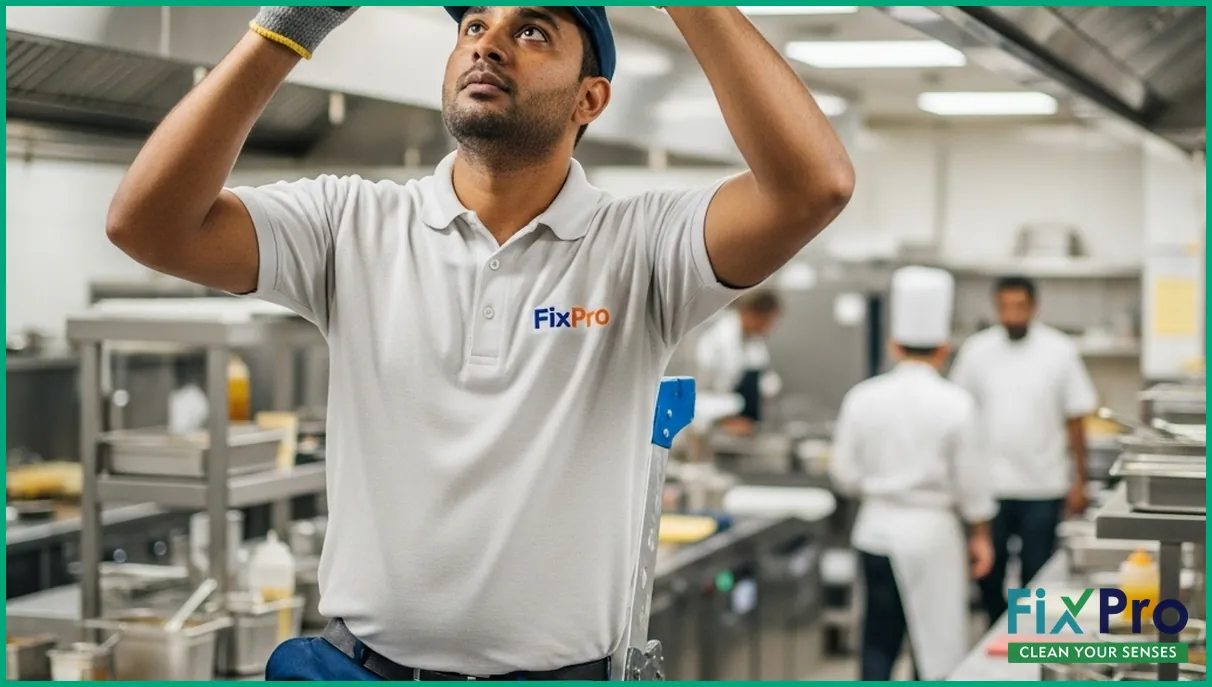 FixPro worker servicing restaurant kitchen exhaust fan