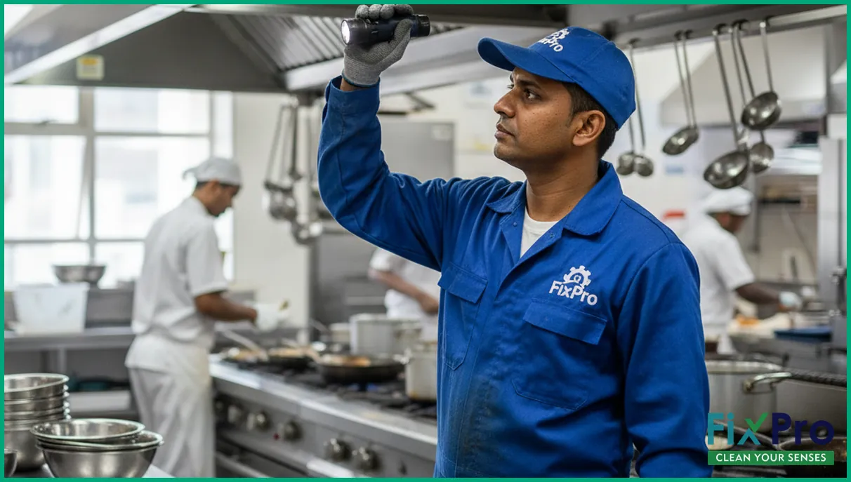Technician inspecting greasy kitchen exhaust hood in UAE restaurant