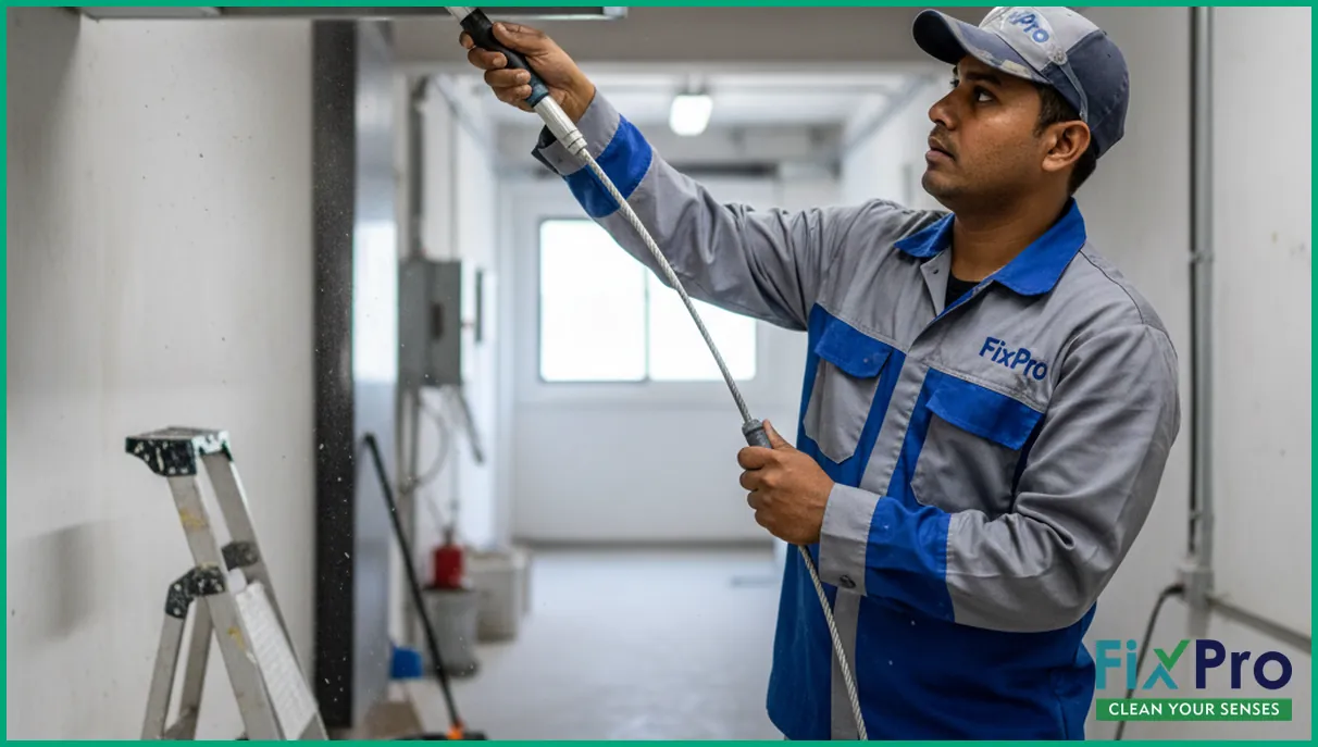 Technician cleaning kitchen exhaust duct with brush machine