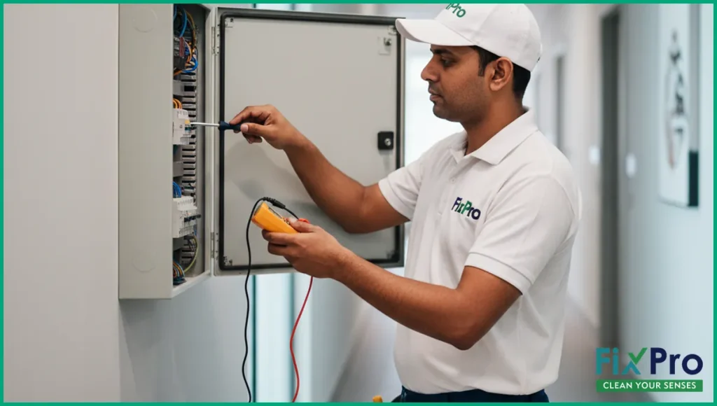 Technician checking apartment electrical panel in Abu Dhabi hallway