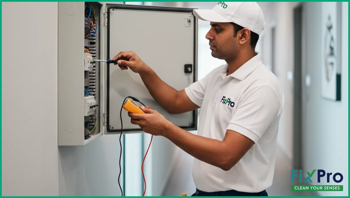 Technician checking apartment electrical panel in Abu Dhabi hallway
