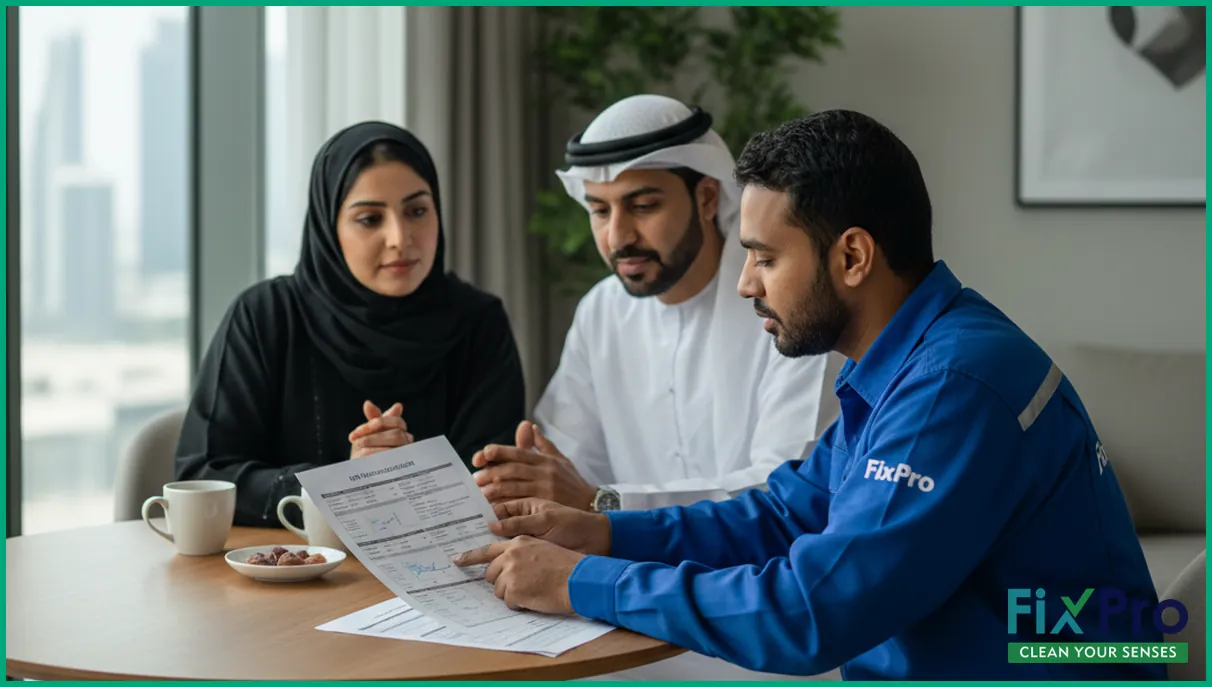Technician explaining maintenance checklist to couple in apartment