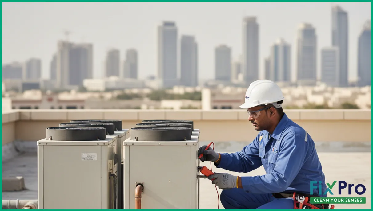 Technician checking rooftop AC condenser units in Abu Dhabi building