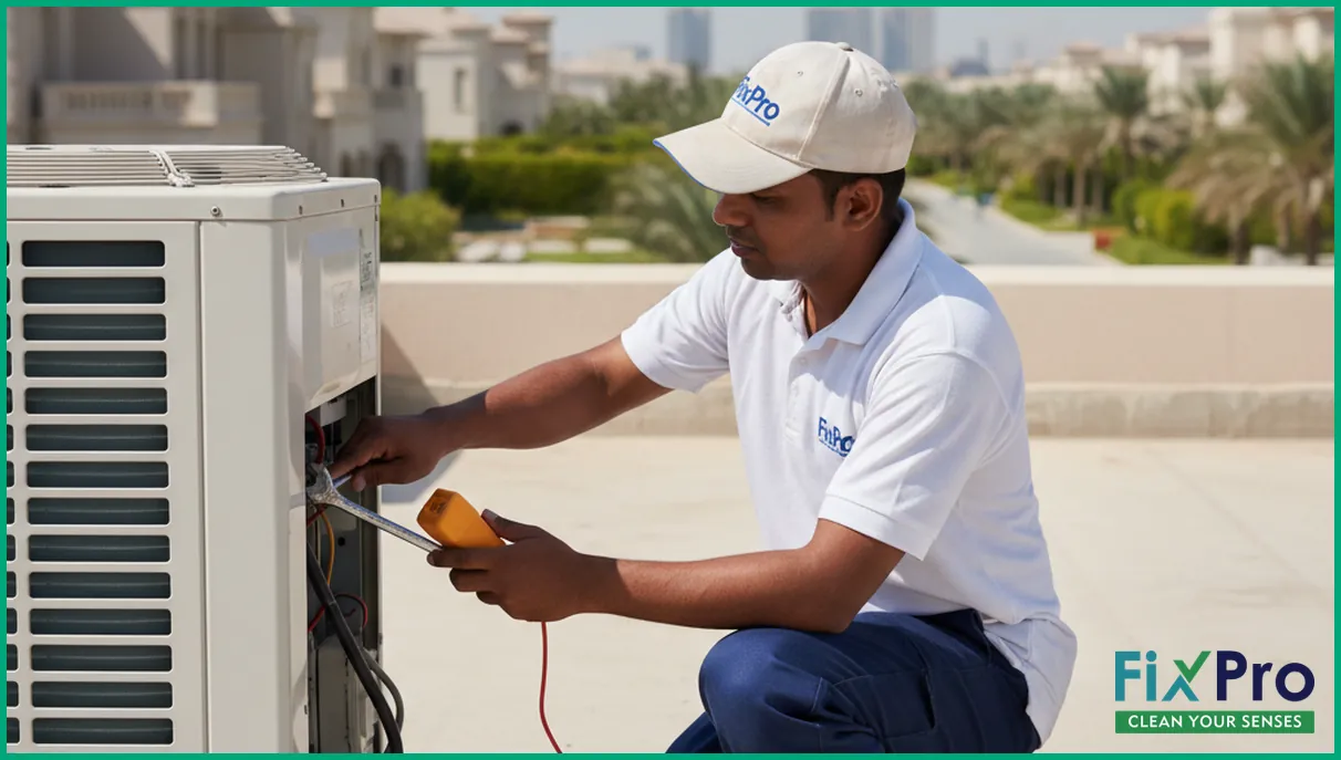 South Asian male FixPro technician servicing AC unit on villa rooftop in Abu Dhabi