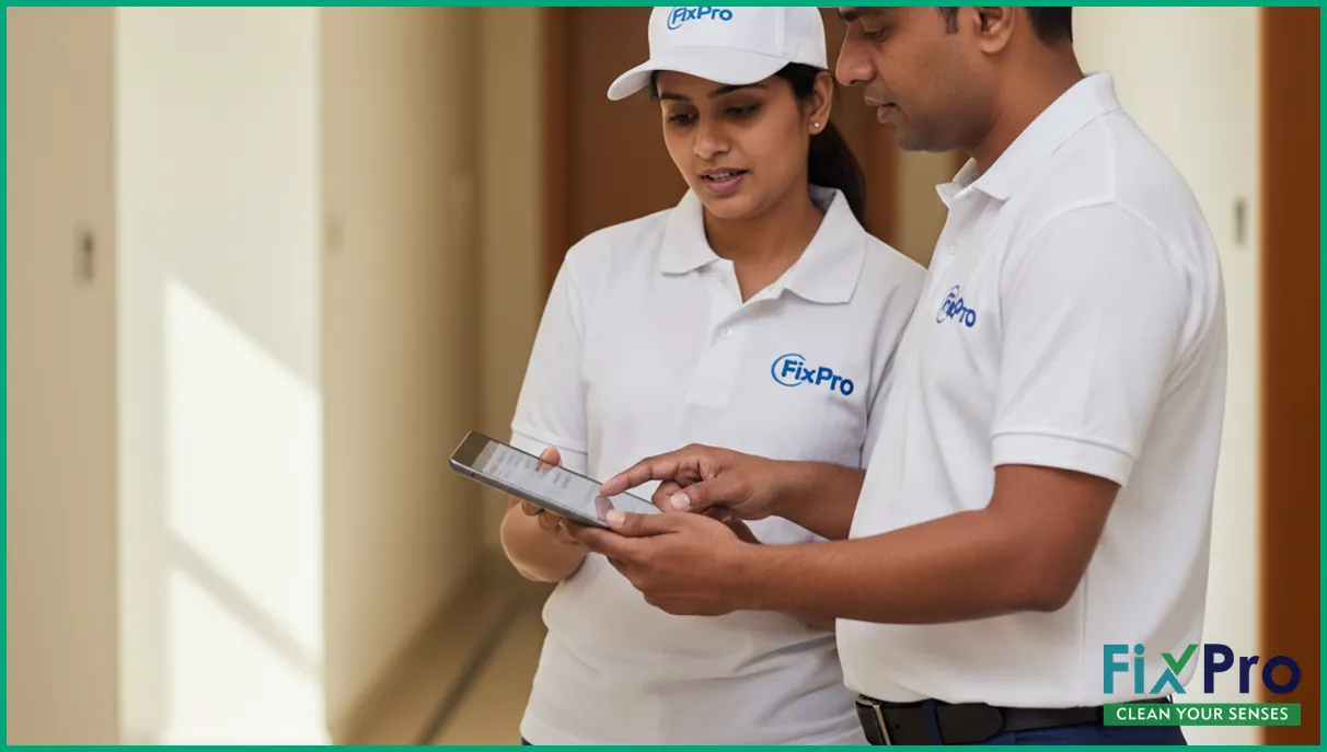 South Asian male and female FixPro team discussing service report in Abu Dhabi apartment hallway