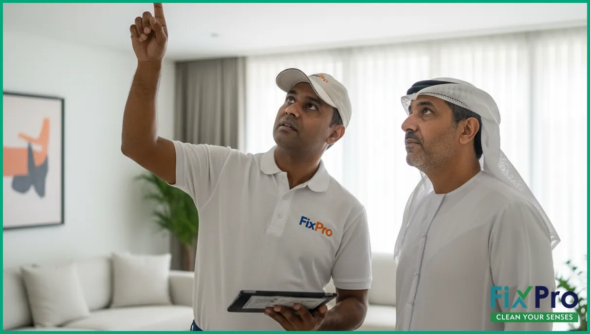 FixPro supervisor and property owner inspecting AC vent in Abu Dhabi living room