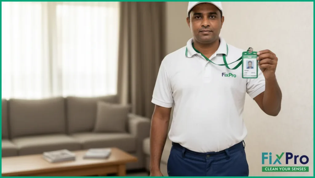 South Asian male AC technician in FixPro uniform showing ID badge indoors