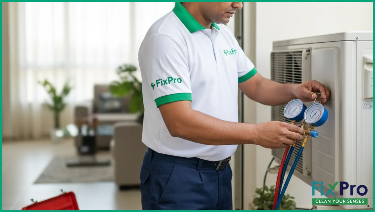 FixPro technician using pressure gauge on AC unit, tools visible, Abu Dhabi apartment