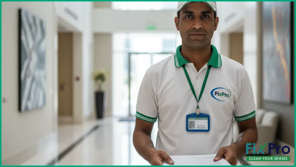 Technician in FixPro uniform showing ID badge