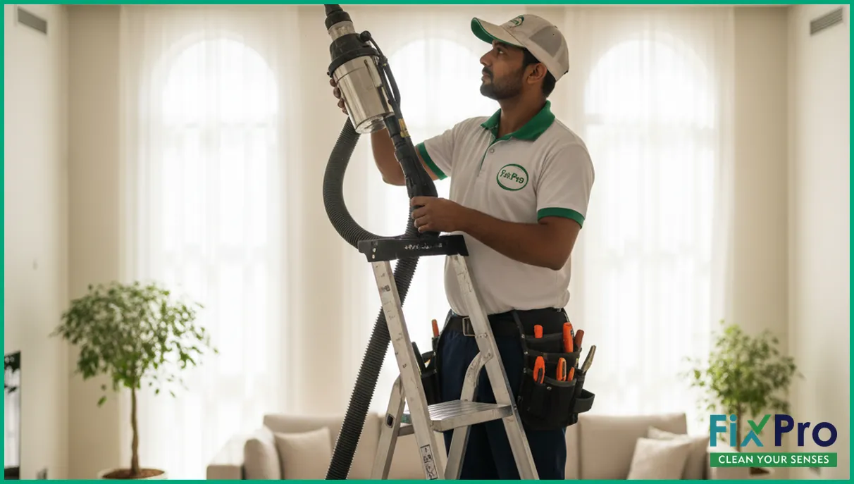 FixPro technician using vacuum on ceiling duct