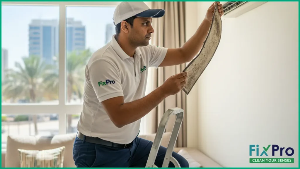 Technician checking dusty AC filter in UAE apartment