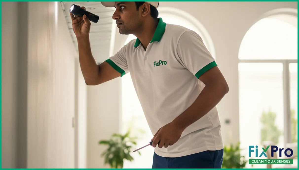 FixPro technician inspecting metal air duct in Abu Dhabi villa