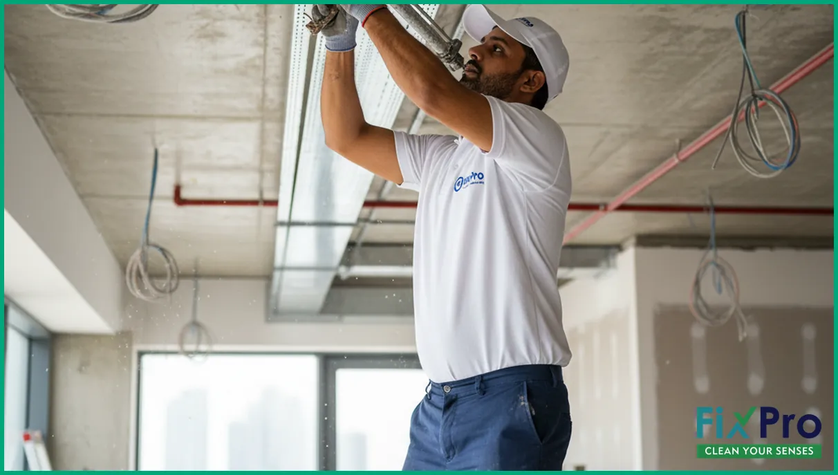FixPro worker sealing duct joints in Abu Dhabi apartment ceiling