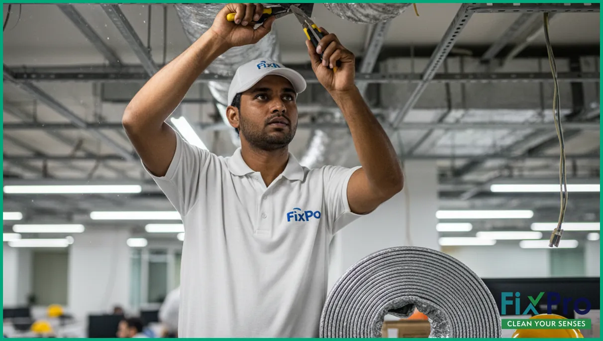 FixPro technician replacing flexible duct in Abu Dhabi office