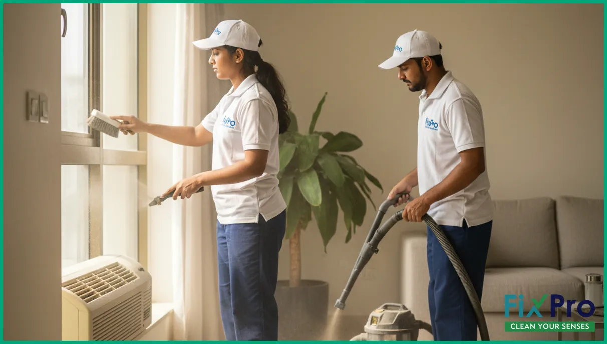 FixPro team cleaning air registers in Abu Dhabi apartment
