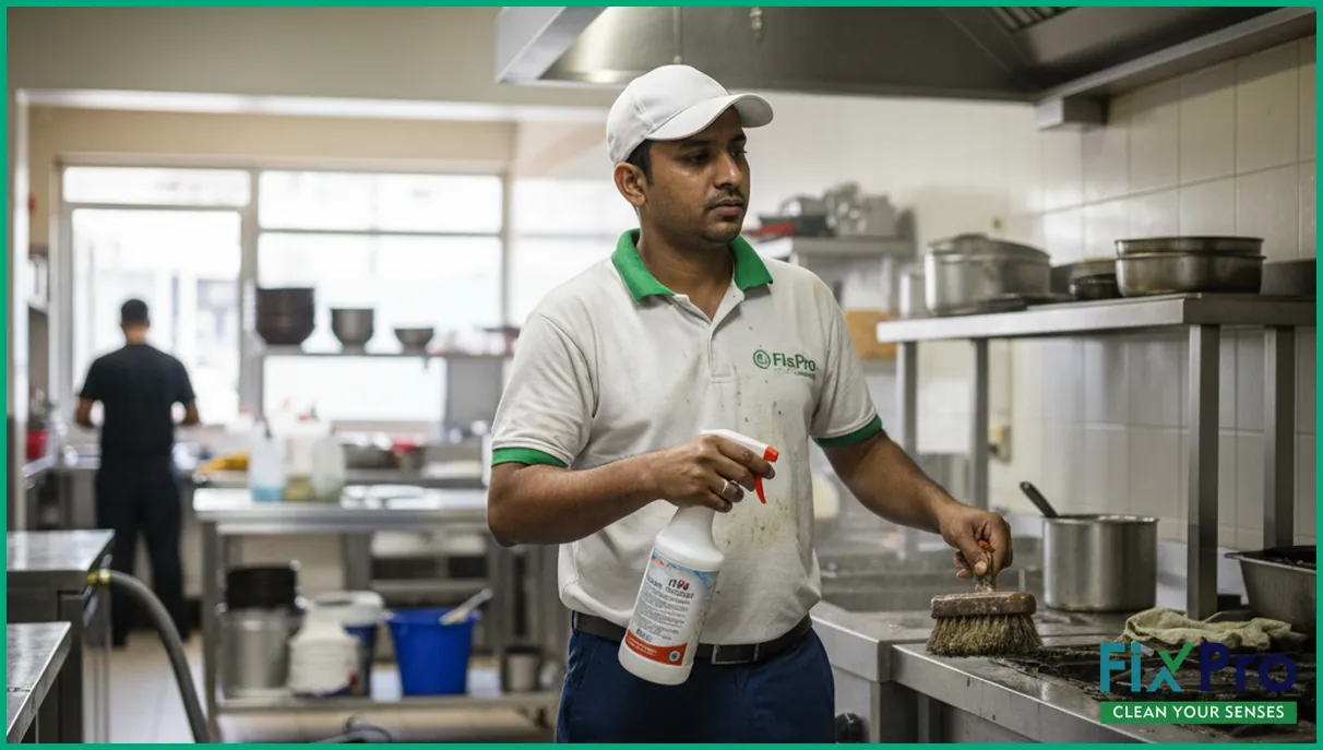 Technician in FixPro uniform cleaning large kitchen exhaust hood