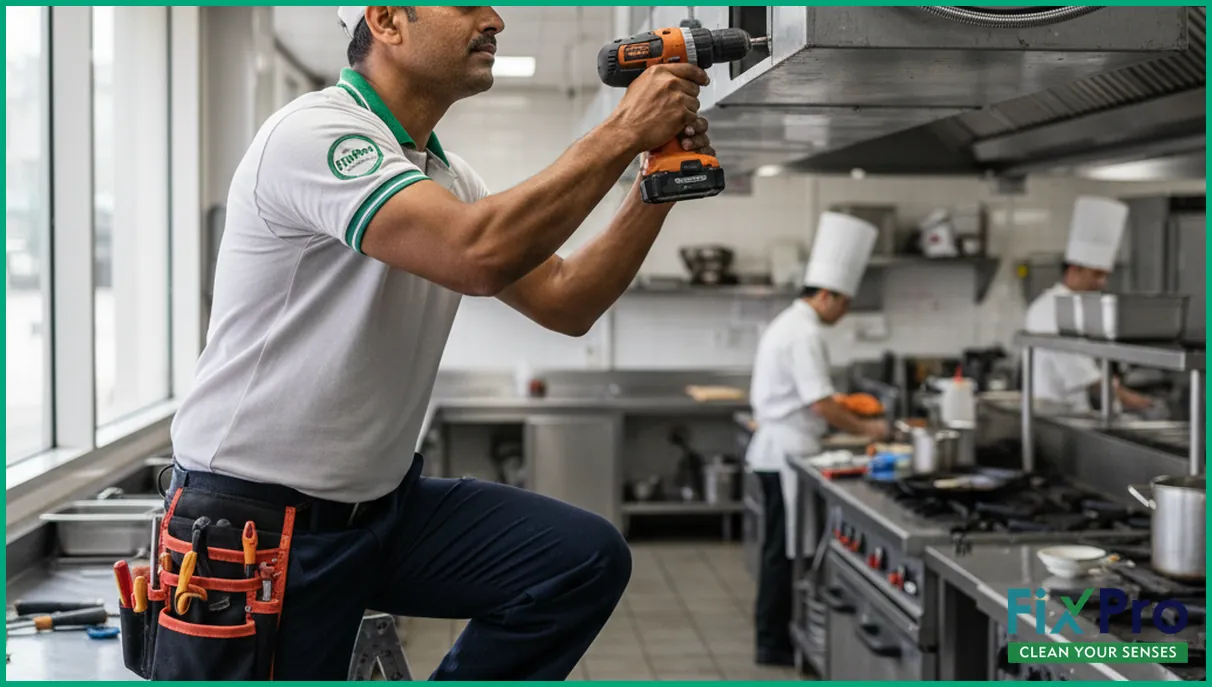 FixPro worker installing access panel on kitchen duct