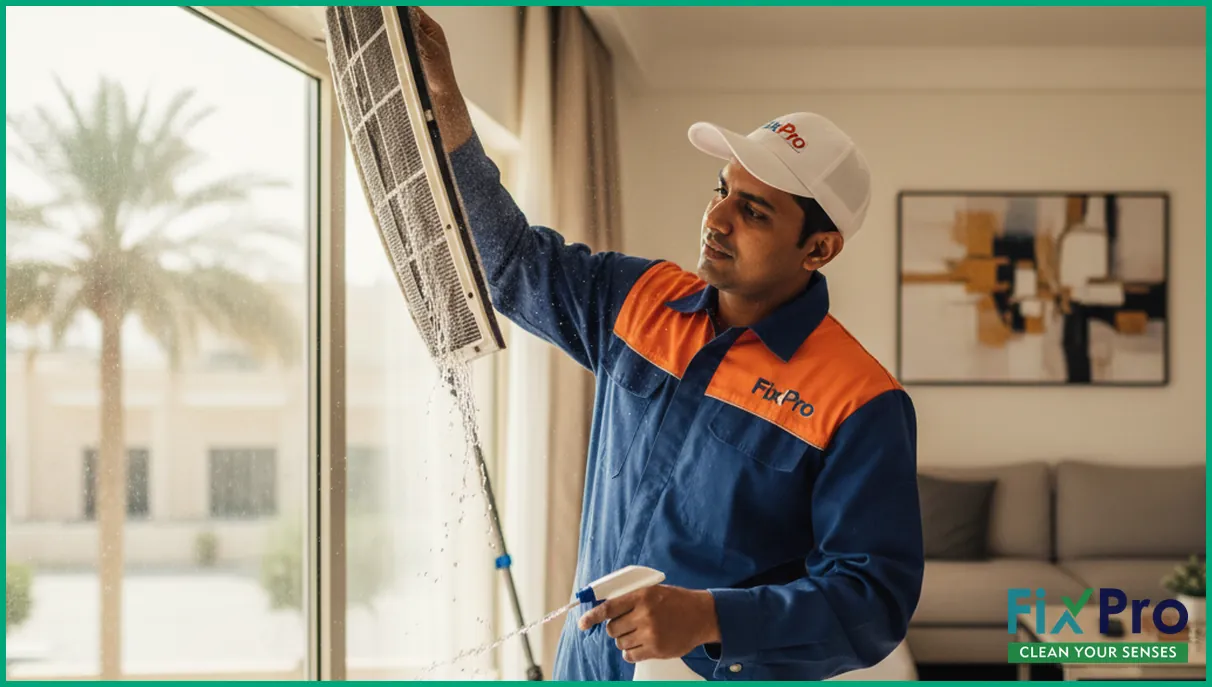 Technician cleaning AC filter in Abu Dhabi apartment