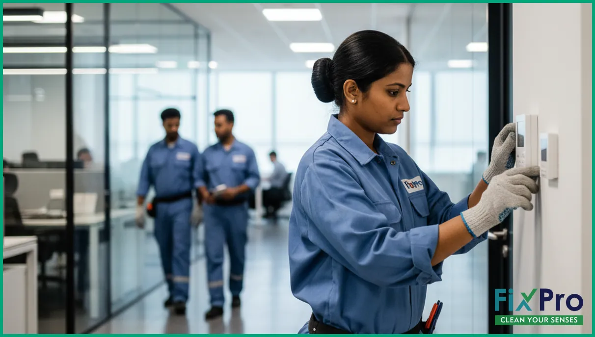 Technician checking AC thermostat in Abu Dhabi office