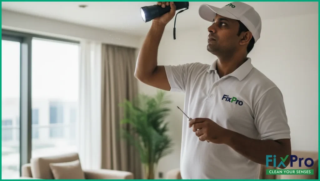 Technician inspecting dusty AC duct in Abu Dhabi apartment