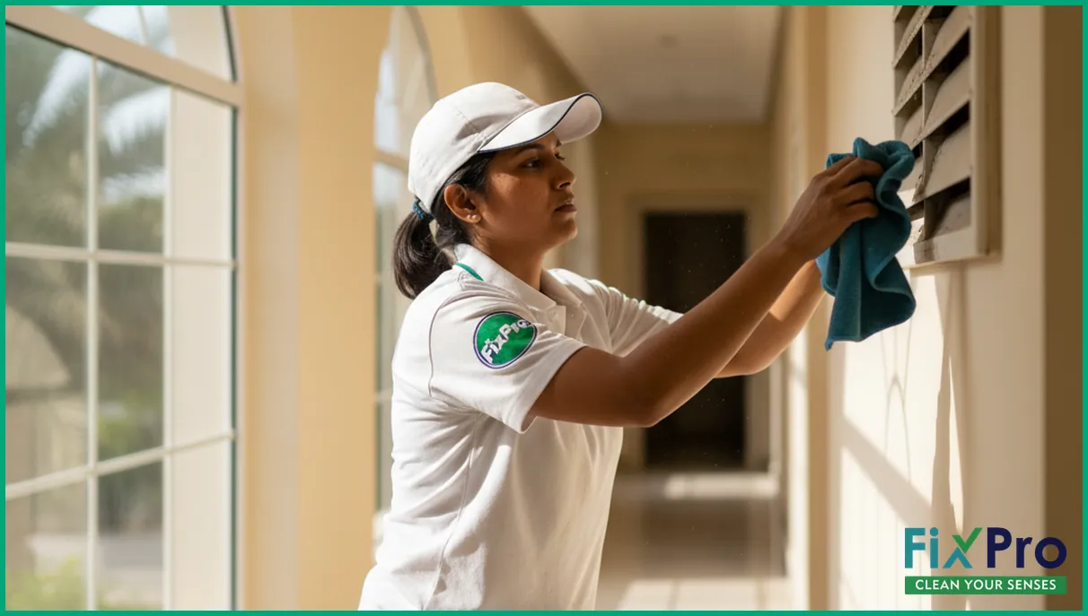 Female cleaner wiping dusty AC vent in Abu Dhabi villa