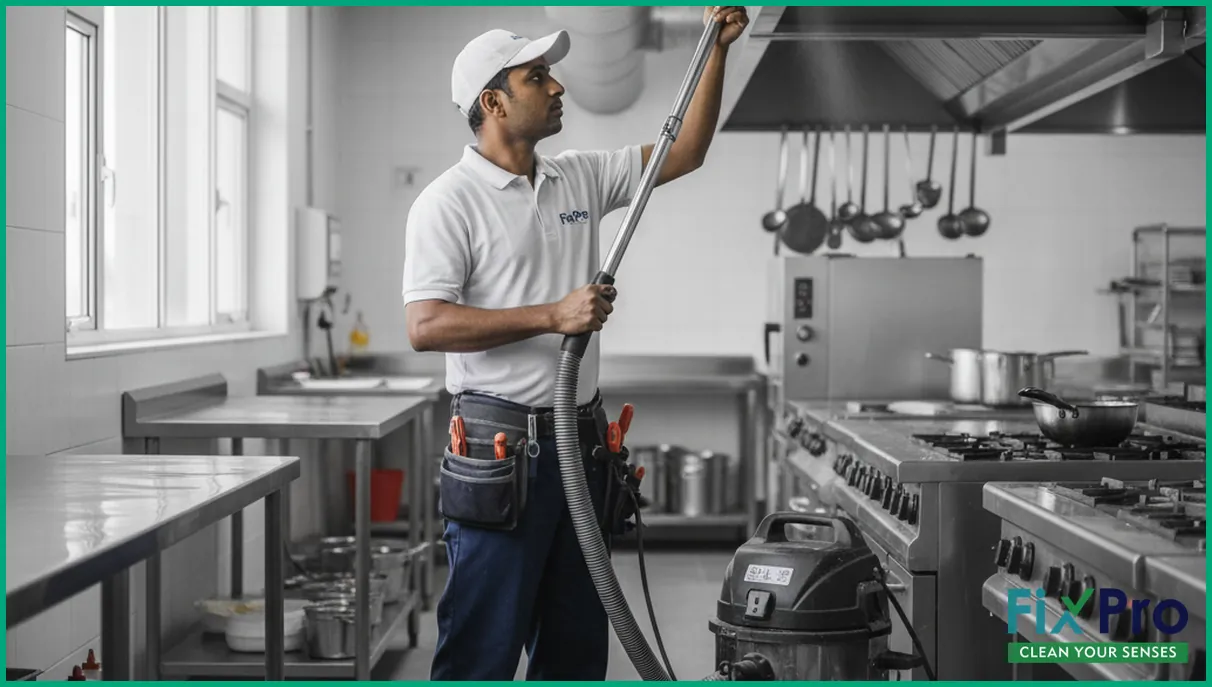FixPro worker using vacuum equipment on kitchen exhaust duct