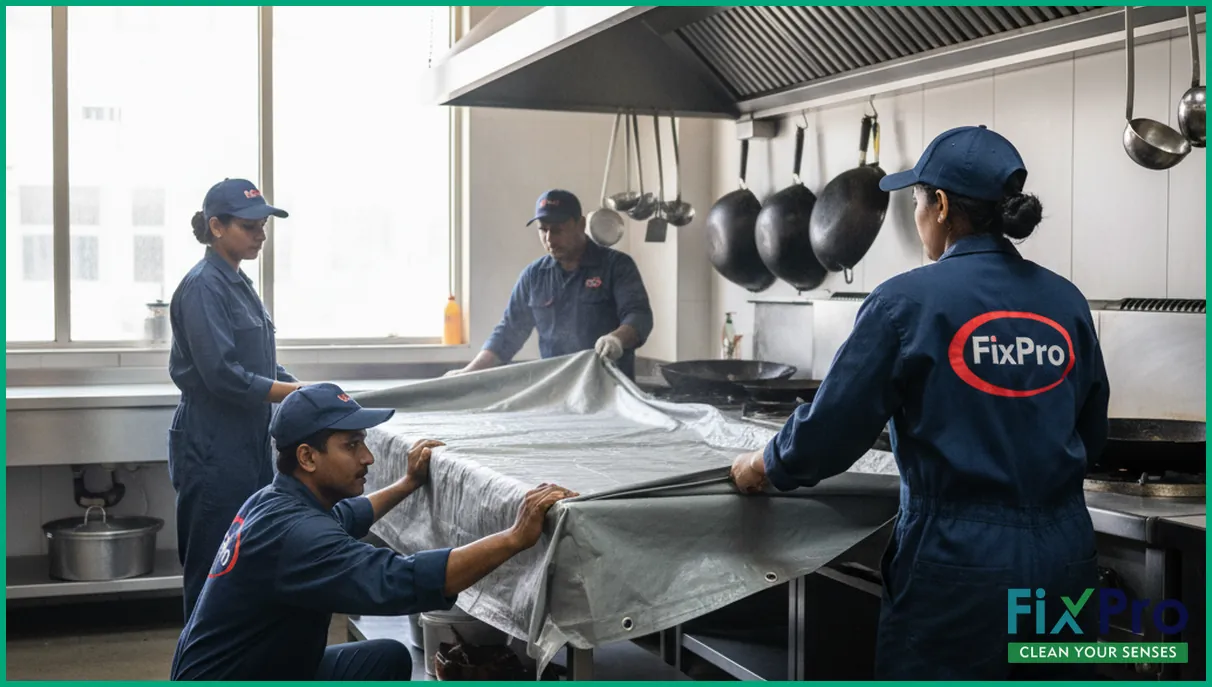 FixPro team preparing kitchen for exhaust cleaning, laying protective covers