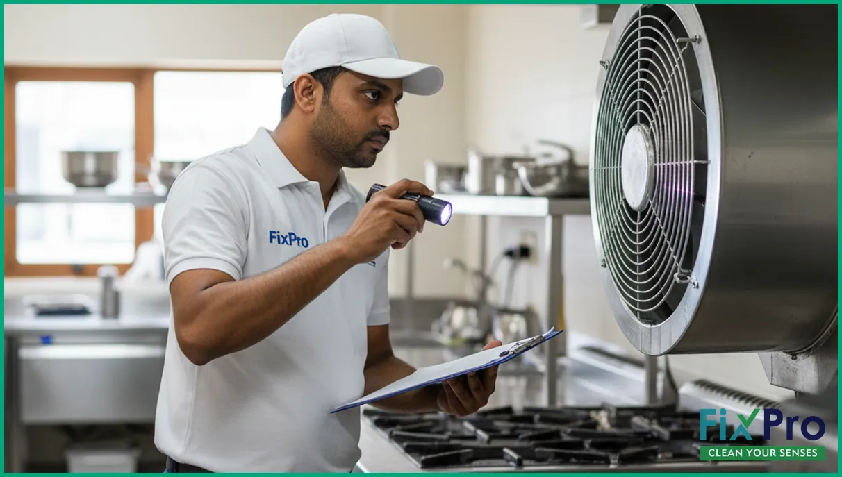 FixPro worker inspecting a kitchen exhaust fan after cleaning