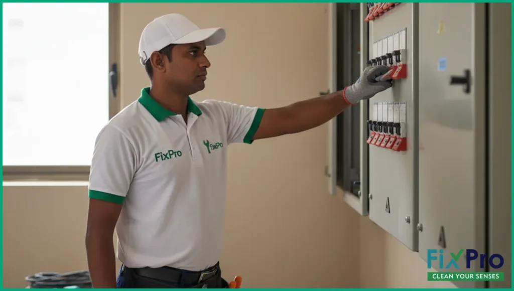 AC technician in FixPro uniform powering down breaker in UAE villa