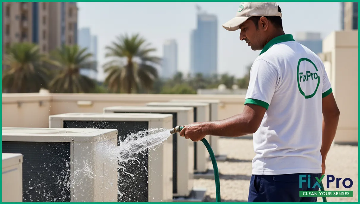FixPro technician cleaning outdoor AC condenser in UAE apartment block